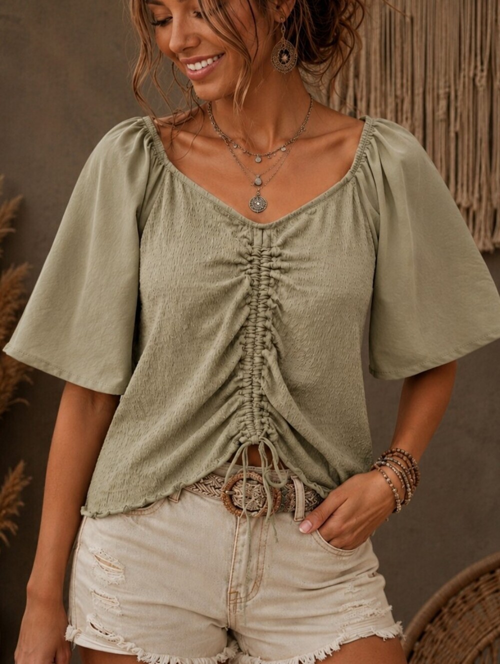 Cato Sage Green Smocked Textured Top Puff Sleeve XS Ruched Front Coquette Boho